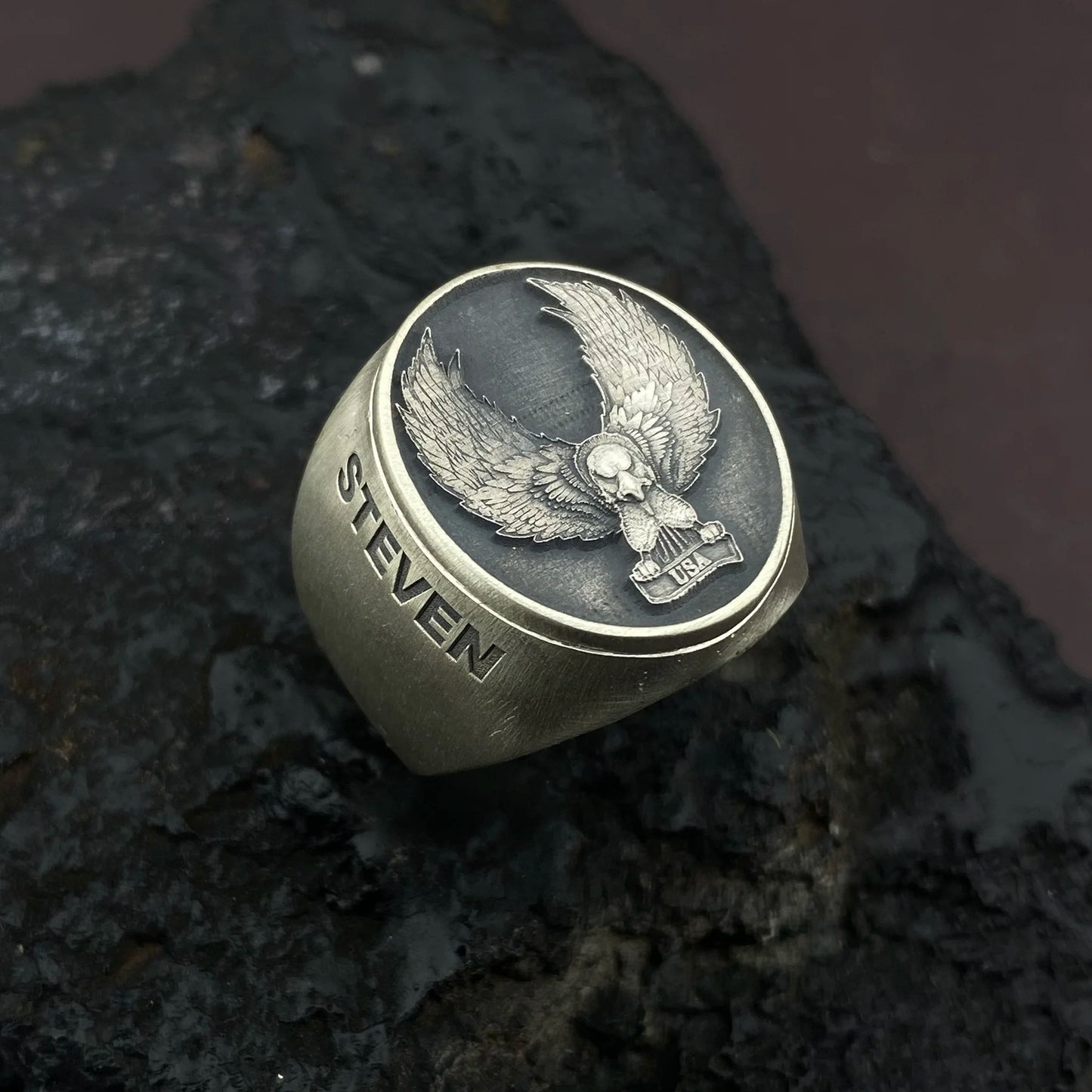 3D Lion Eagle Engraved Name Custom Ring