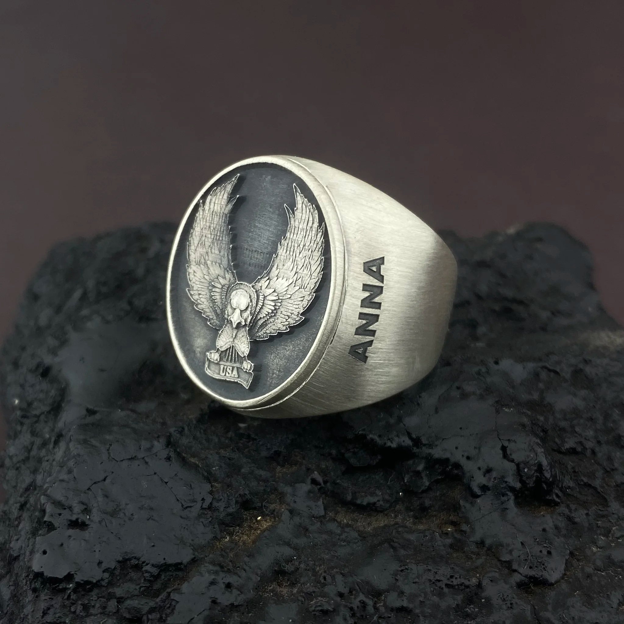 3D Lion Eagle Engraved Name Custom Ring