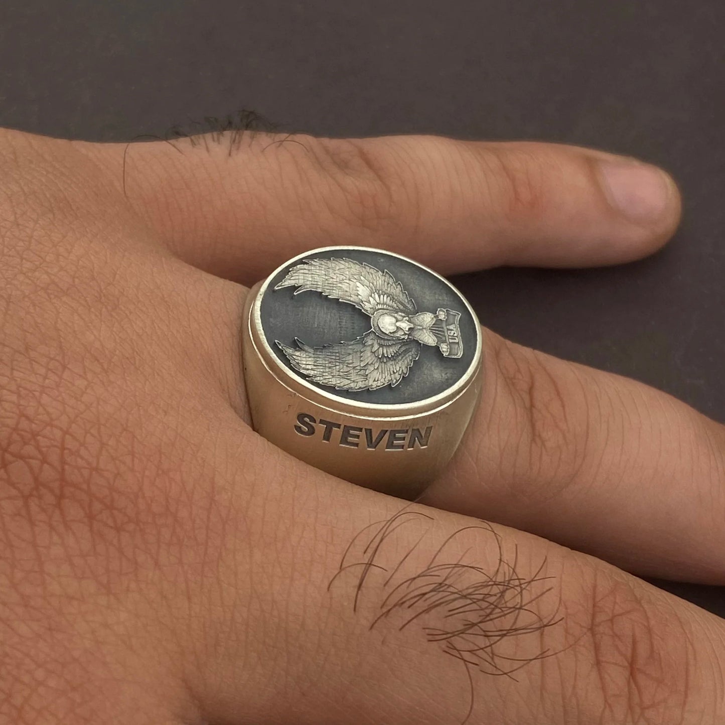 3D Lion Eagle Engraved Name Custom Ring