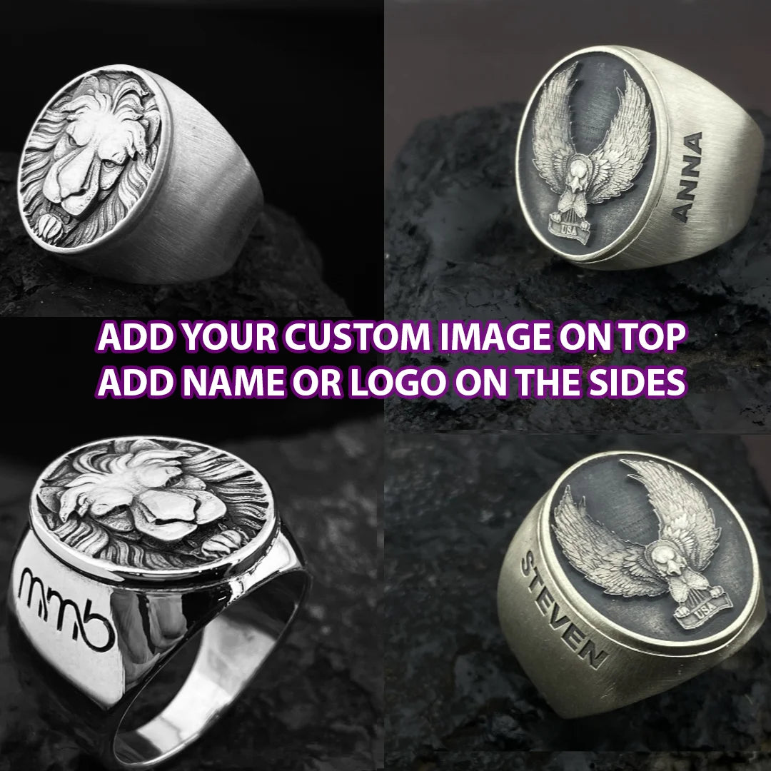 3D Lion Eagle Engraved Name Custom Ring