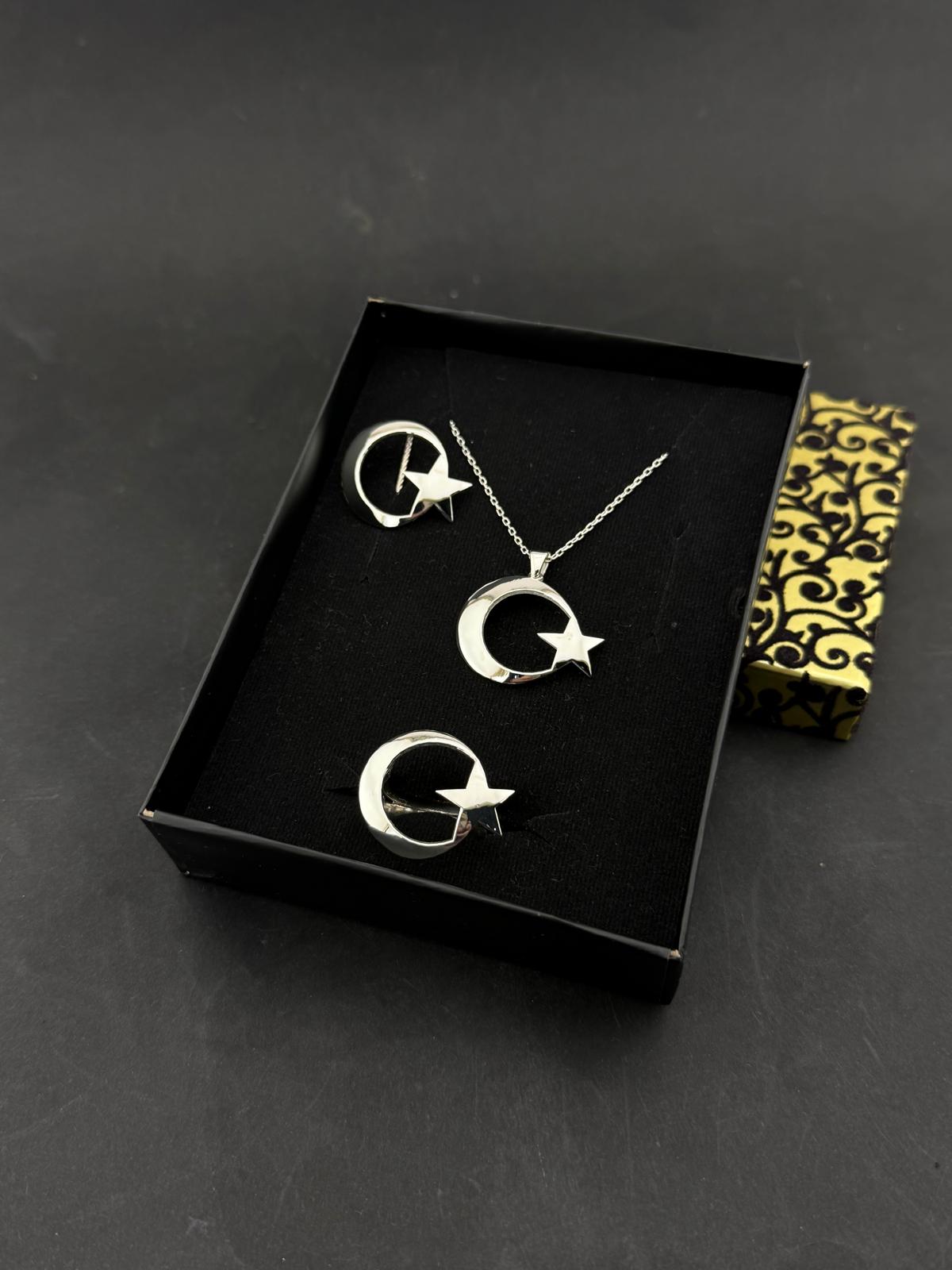 Turkish Crescent Star Jewelry Set - Ay Yildiz Necklace Ring Pin Set