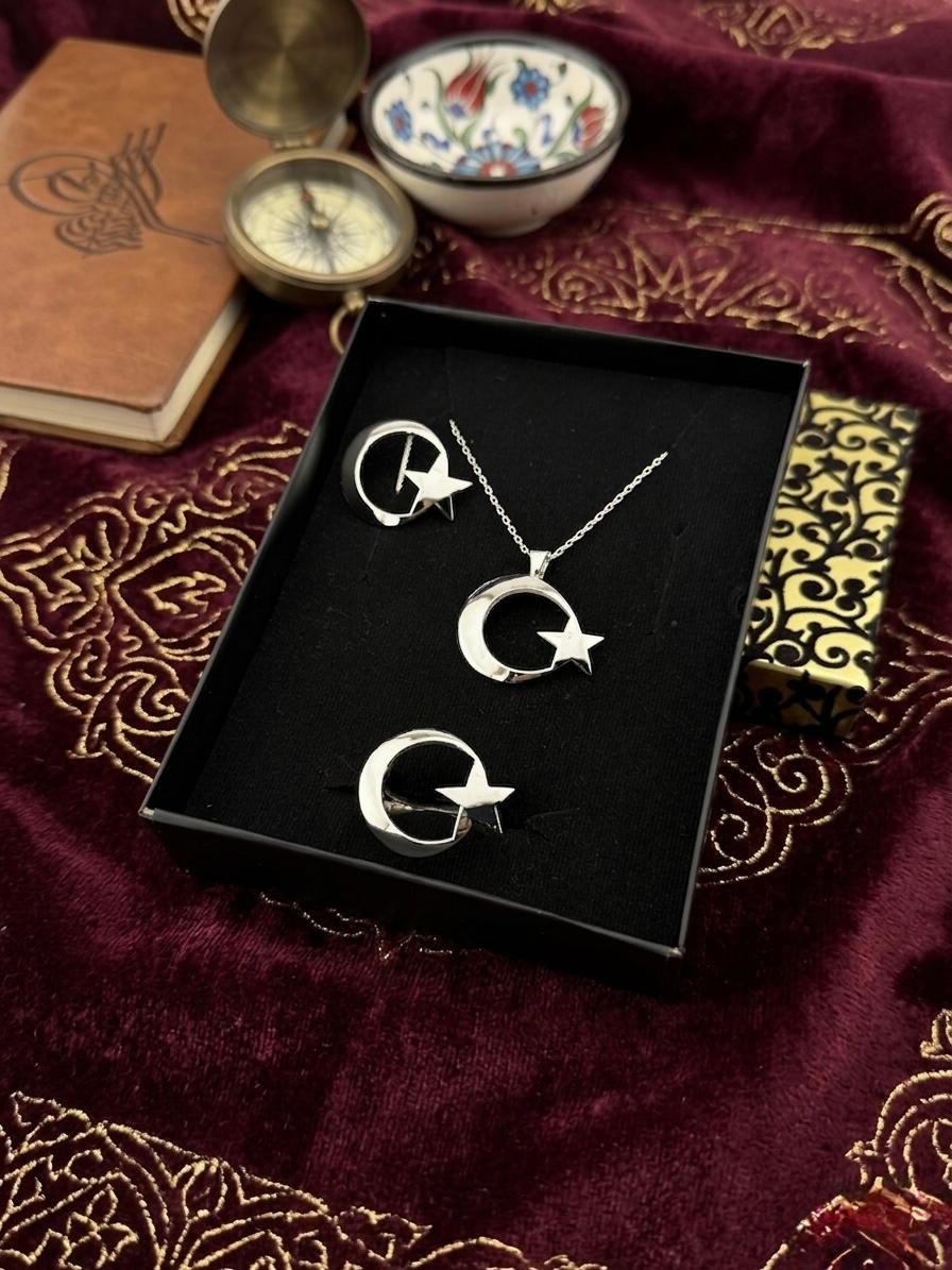 Turkish Crescent Star Jewelry Set - Ay Yildiz Necklace Ring Pin Set